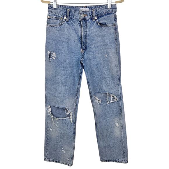 Zara High Rise Distressed Straight Jeans 6 Ripped Acid Wash Blogger Favorite - Picture 1 of 5